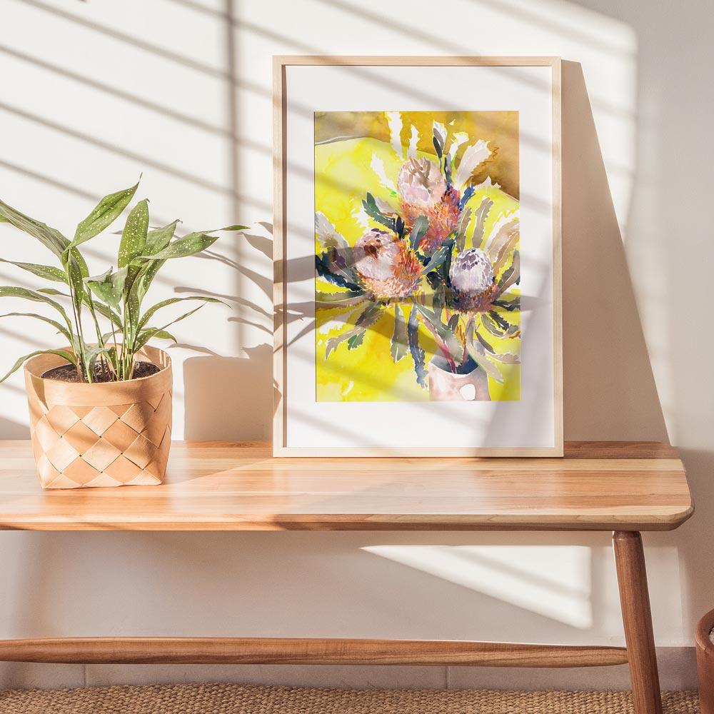 Framed and styled 'Acorn Banksias on Yellow' Limited Edition Watercolour Art Print by Natalie Martin