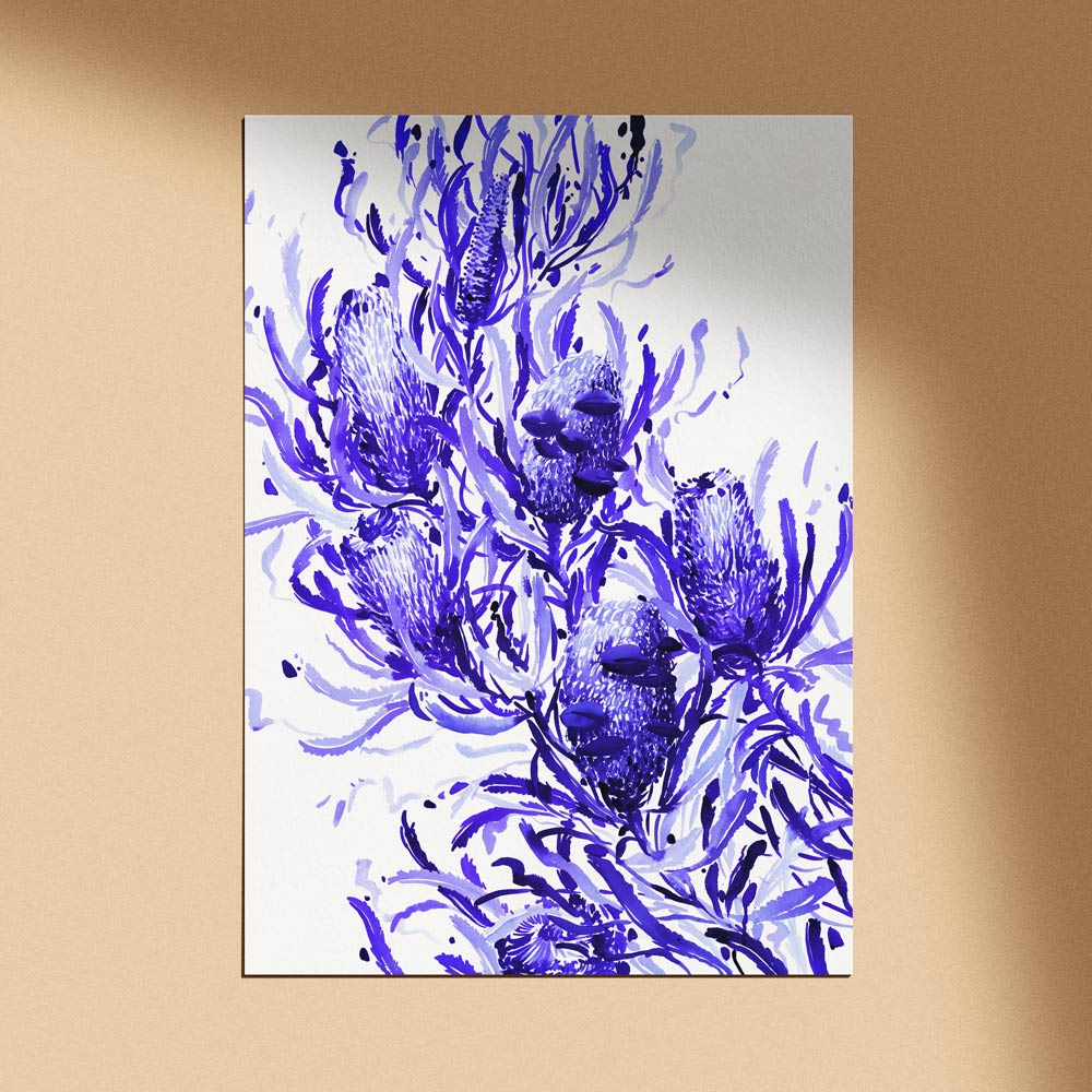 Unframed &#39;Candlestick Banksia in Blue&#39; Limited Edition Watercolour Print 
