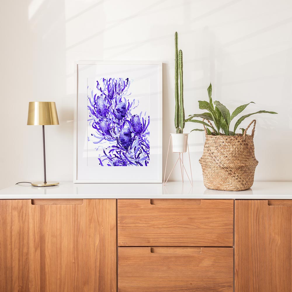 &#39;Candlestick Banksia in Blue&#39;, framed print styled on cabinet, Limited Edition Print by Natalie Martin
