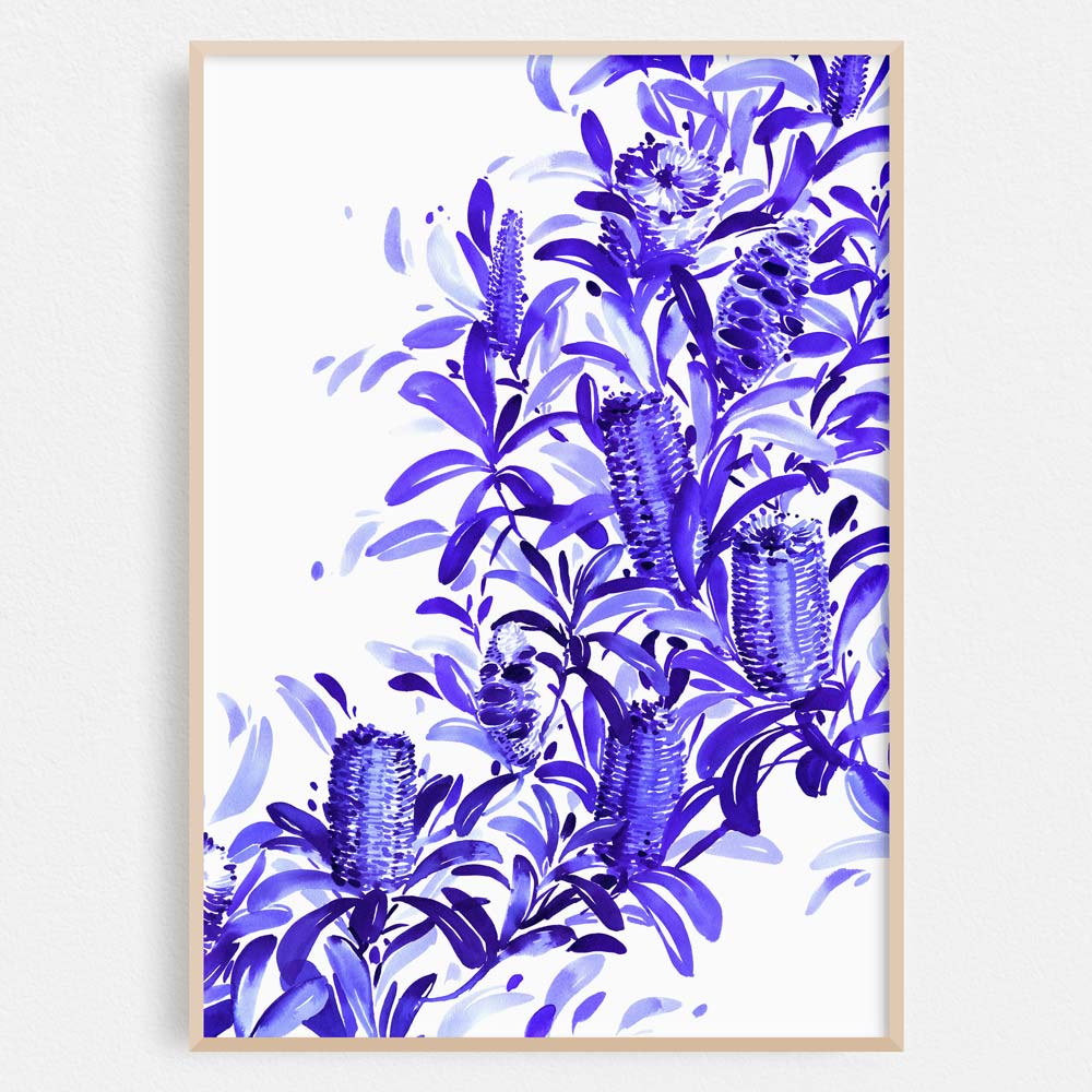 Framed &#39;Coastal Banksia in Blue&#39; Limited Edition Watercolour Art Print by Natalie Martin.