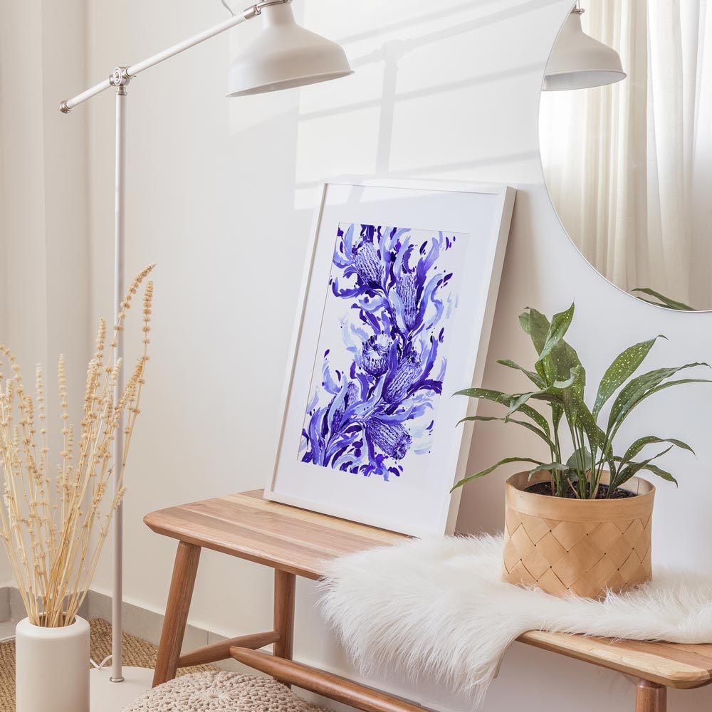 Framed and styled 'Firewood Banksia in Blue' Limited Edition Watercolour Art Print by Natalie Martin