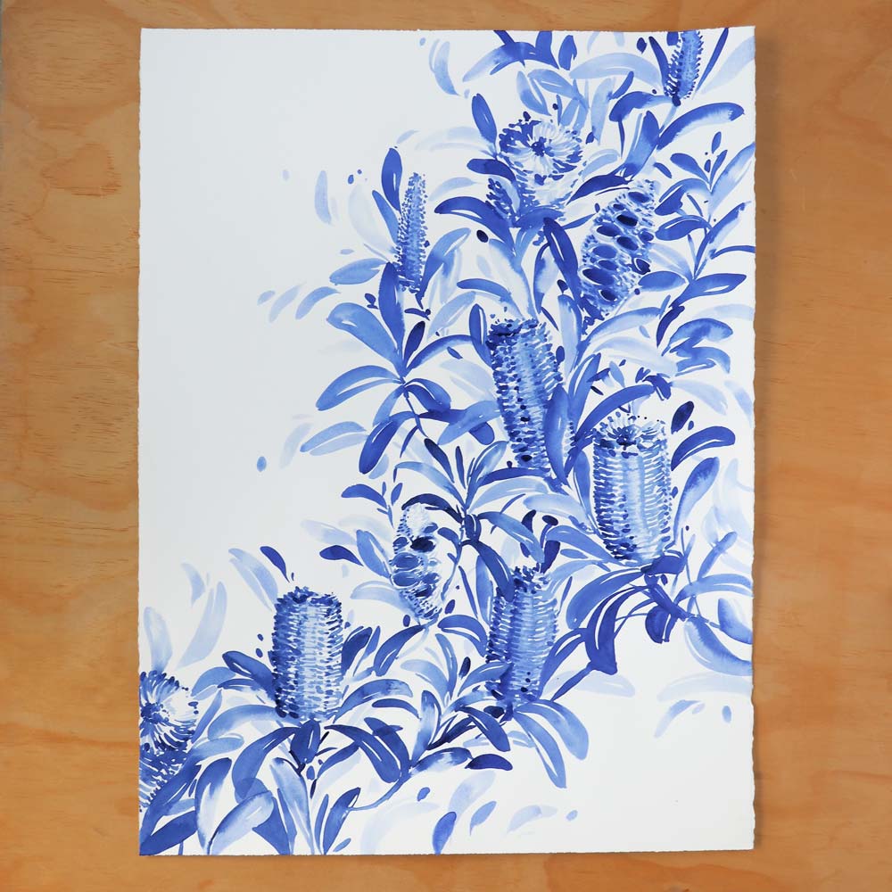 Original Artwork of &#39;Coastal Banksia in Blue&#39;. Blue watercolour on white paper by Natalie Martin