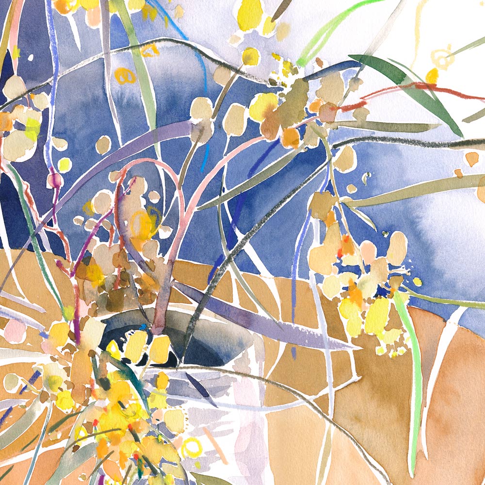 'Summer Wattle in the Wonky Vase' Limited Edition Watercolour Art Print by Natalie Martin.