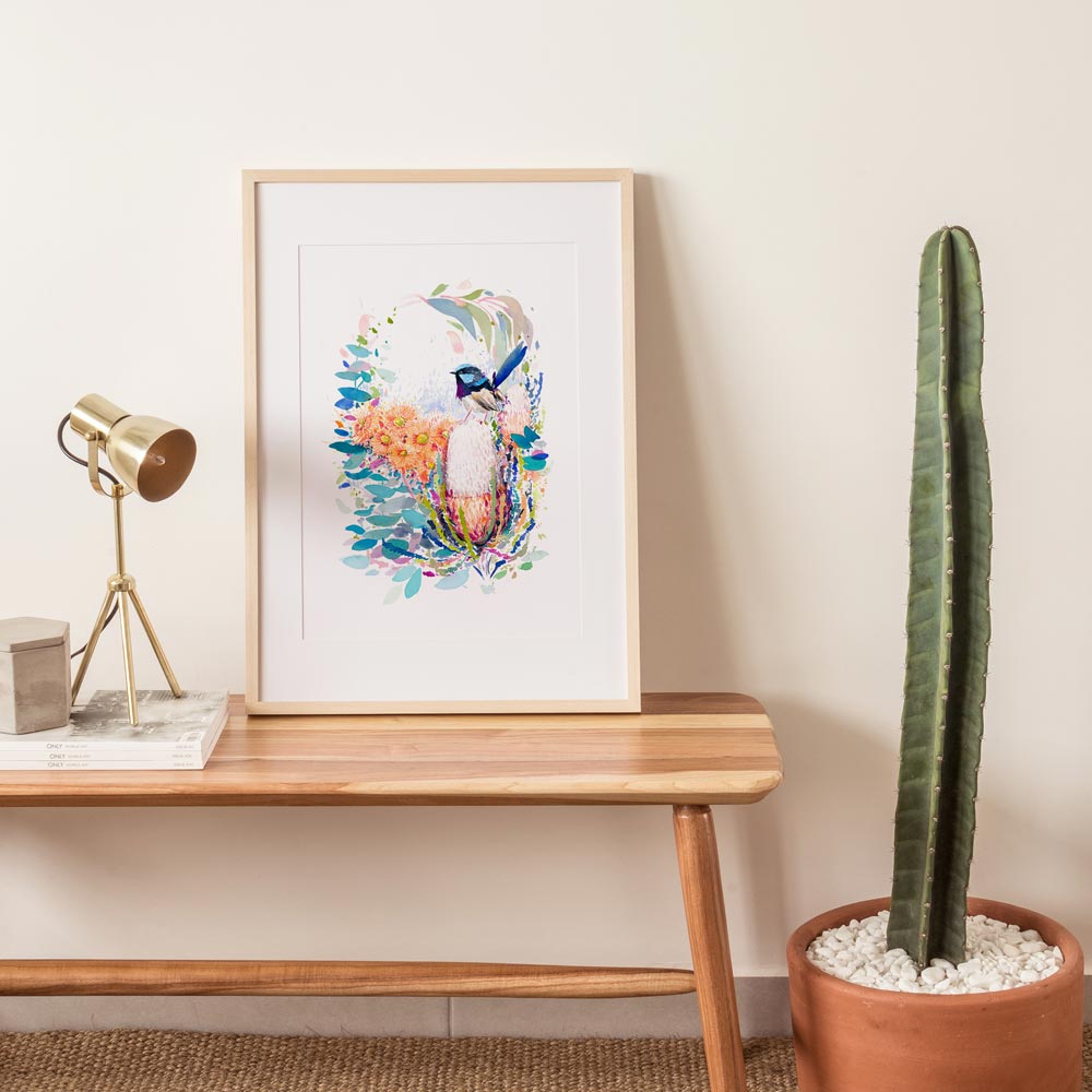 Framed and styled &#39;Sweet Blue&#39; Limited Edition Watercolour Art Print by Natalie Martin