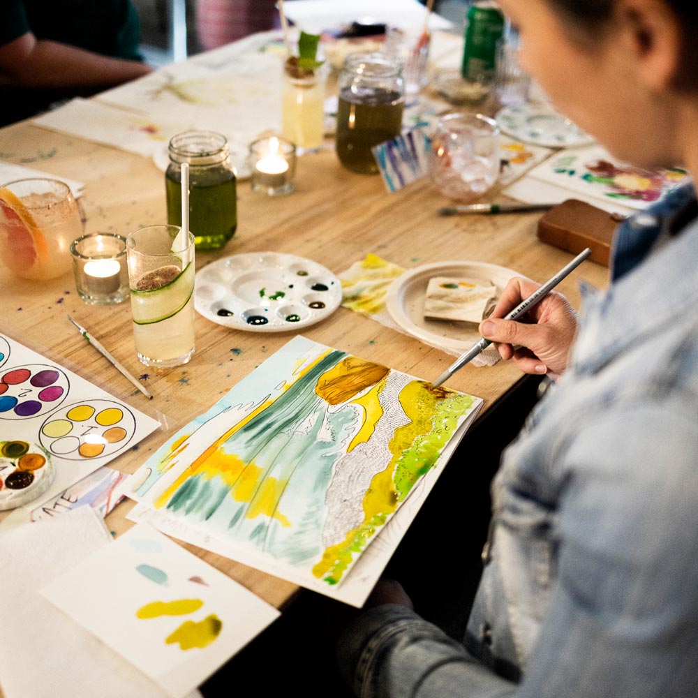 Natalie Martin&#39;s watercolour students painting and socialising at her Watercolour Social Sessions at Flow State in Torquay Victoria