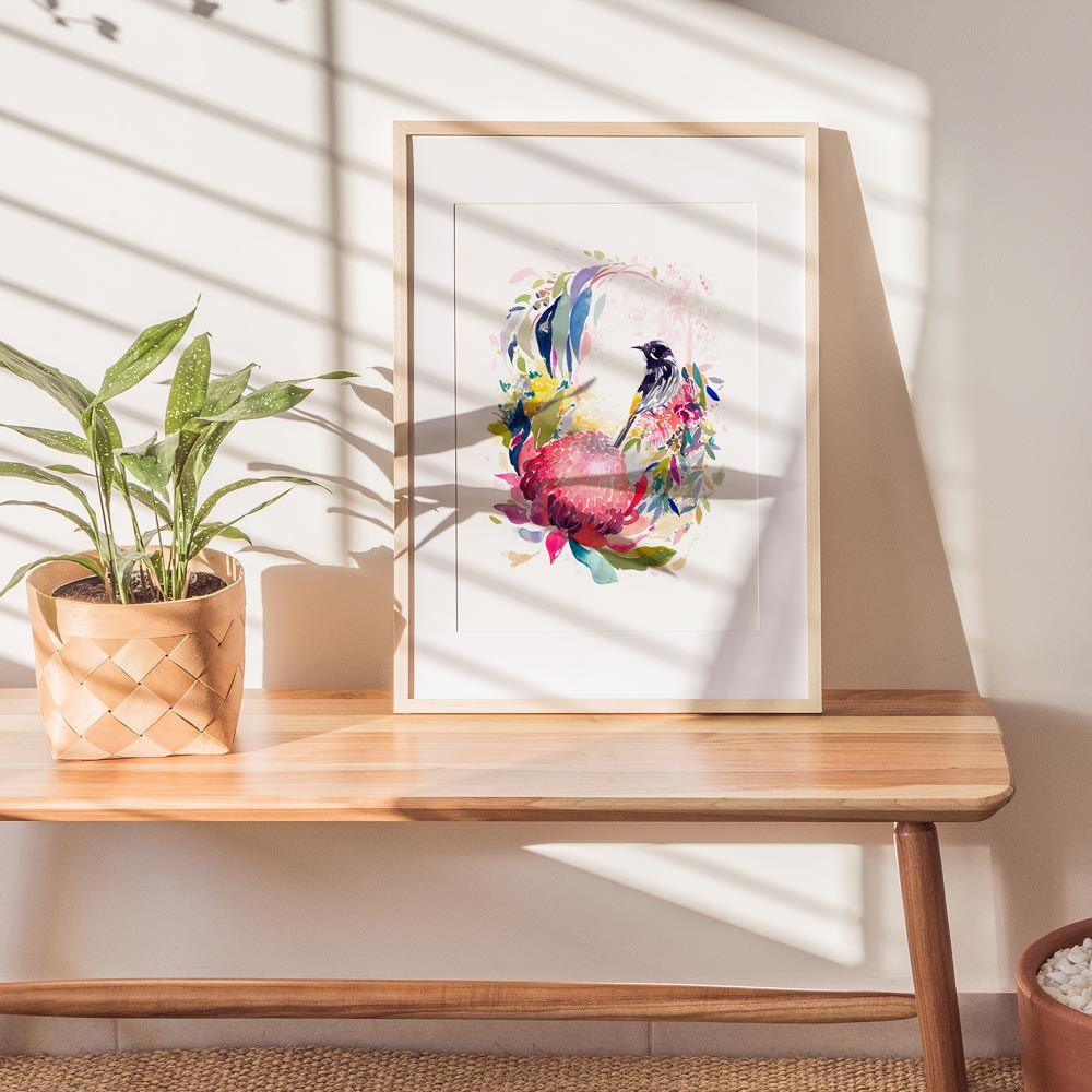 Framed and styled 'A Song From Home' Limited Edition Watercolour Art Print by Natalie Martin