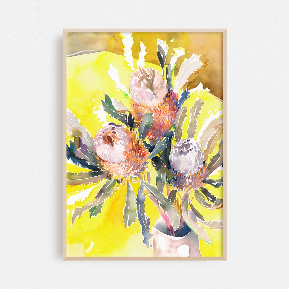 Unframed 'Acorn Banksias on Yellow' Limited Edition Watercolour Art Print by Natalie Martin