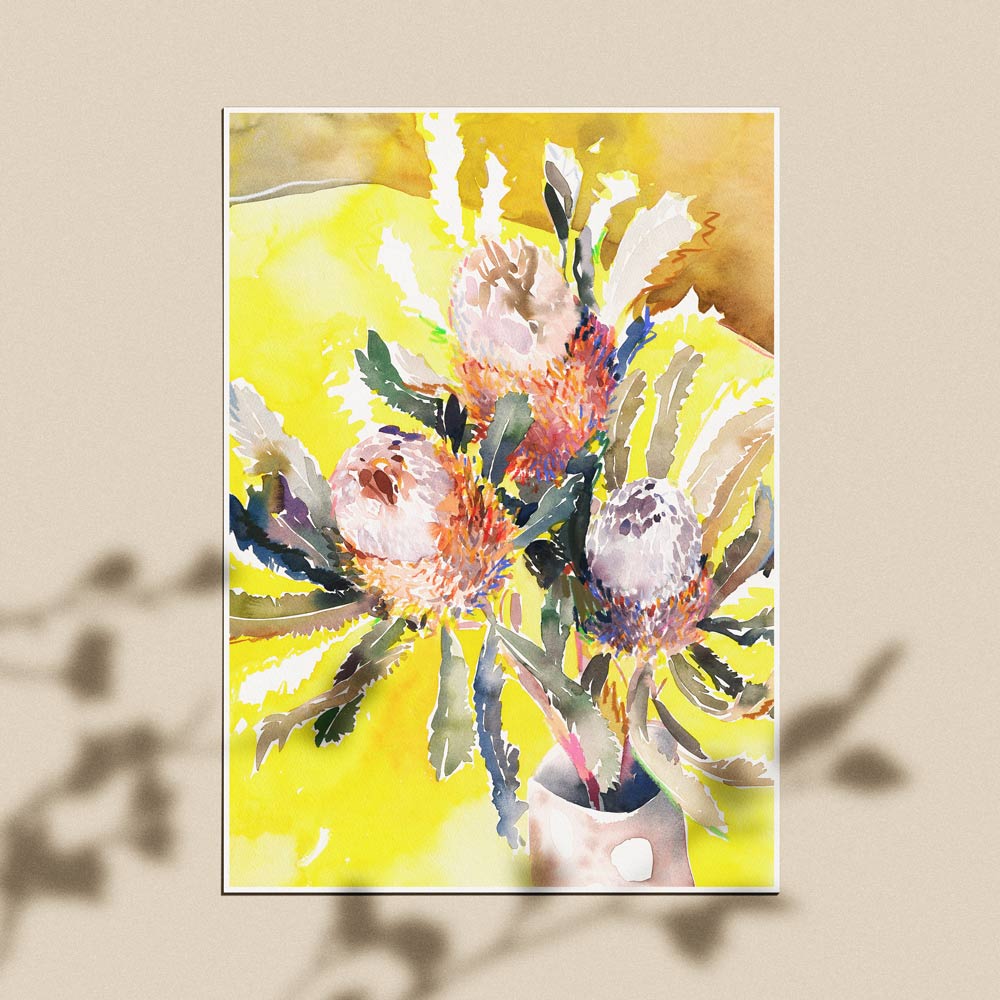 Unframed 'Acorn Banksias on Yellow' Limited Edition Watercolour Art Print by Natalie Martin