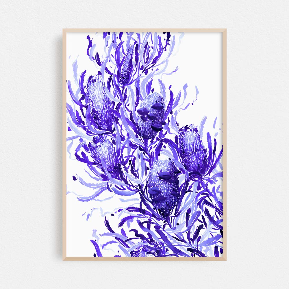 Framed &#39;Candlestick Banksia in Blue&#39; Limited Edition Watercolour Print