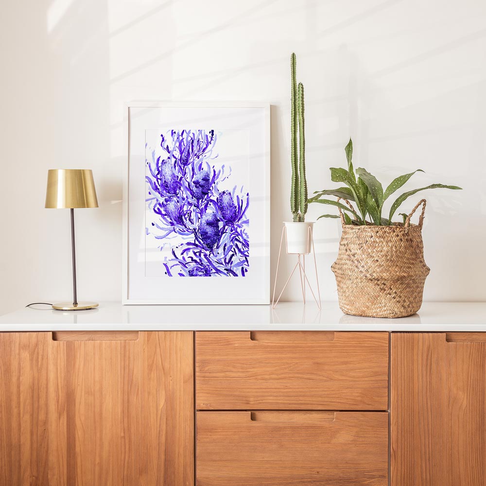 'Candlestick Banksia in Blue' (blue watercolour on white paper) Limited Edition Print by Natalie Martin