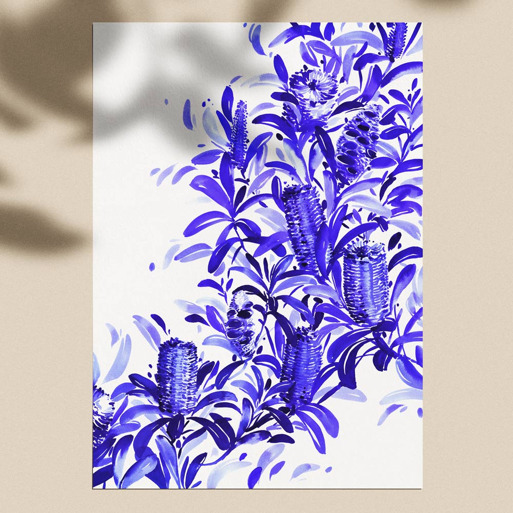Unframed &#39;Coastal Banksia in Blue&#39; Limited Edition Watercolour Print by Natalie Martin