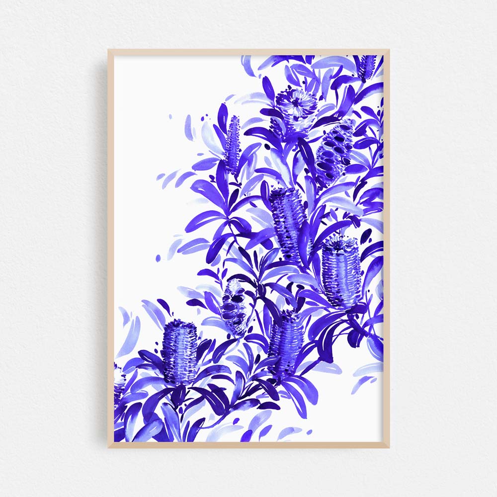 Framed &#39;Coastal Banksia in Blue&#39; Limited Edition Watercolour Art Print by Natalie Martin