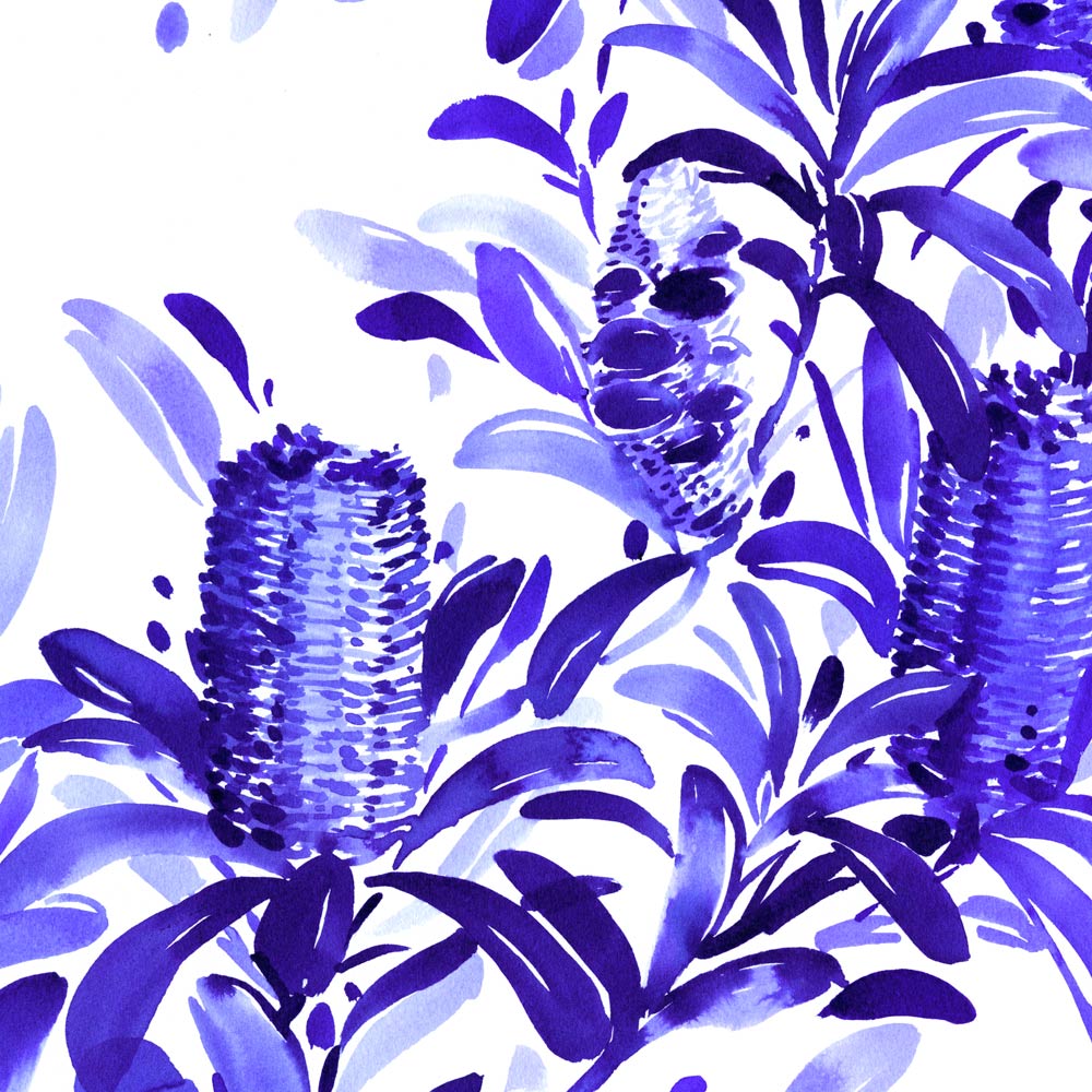 Close up view of &#39;Coastal Banksia in Blue&#39; Limited Edition Watercolour Art Print by Natalie Martin