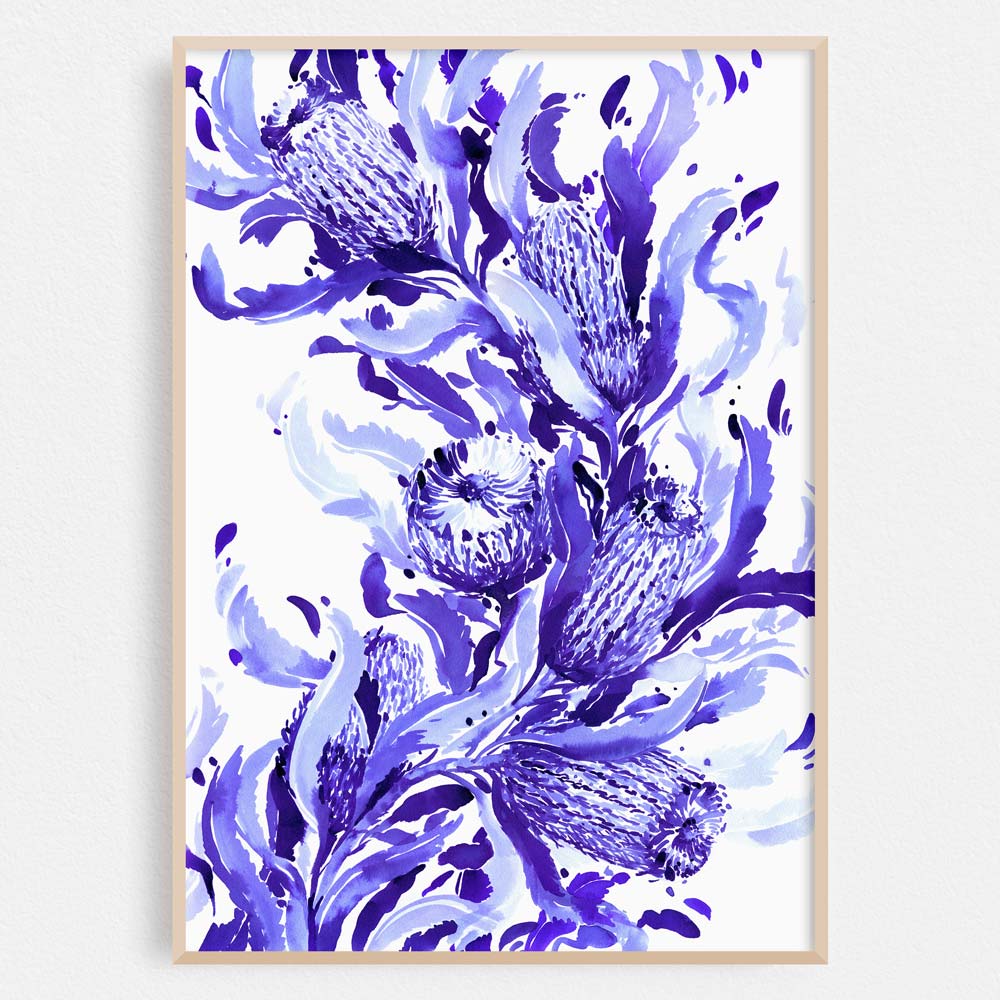 Framed &#39;Firewood Banksia in Blue&#39; Limited Edition Watercolour Art Print by Natalie Martin