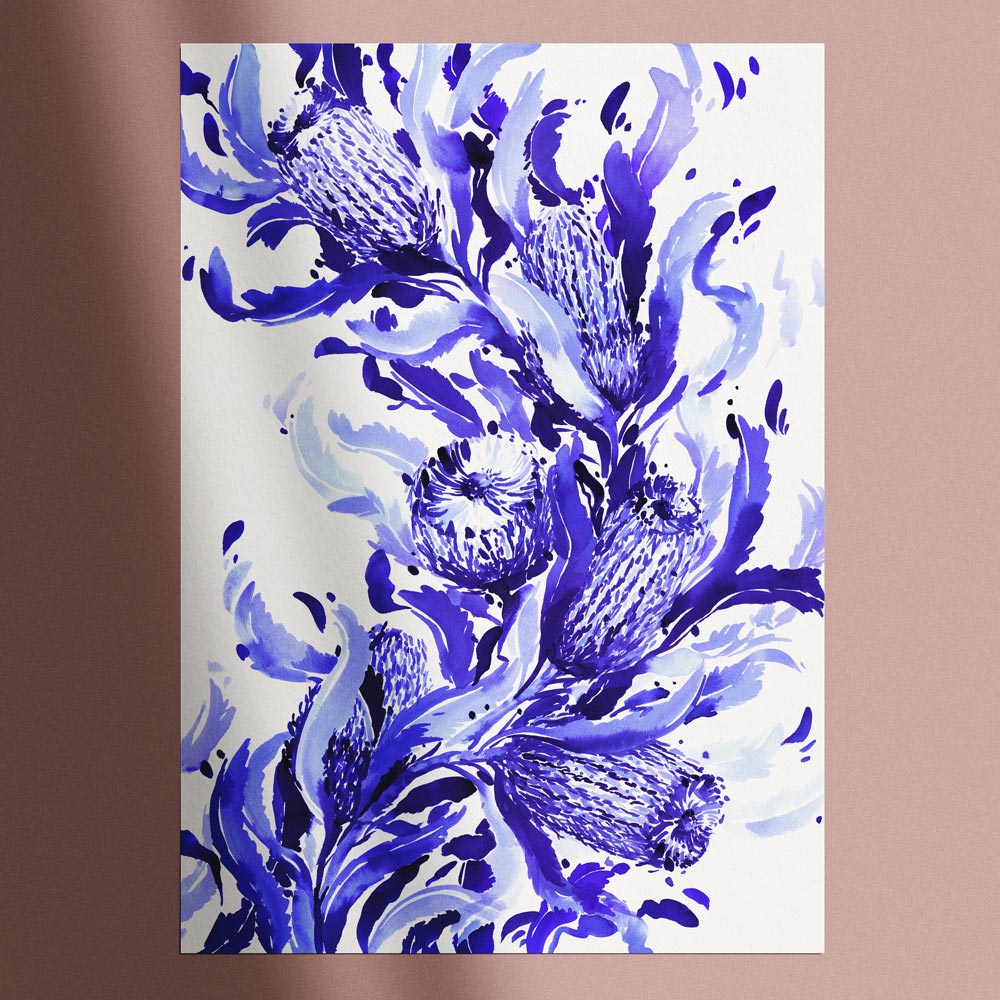 Framed and styled 'Firewood Banksia in Blue' Limited Edition Watercolour Art Print by Natalie Martin
