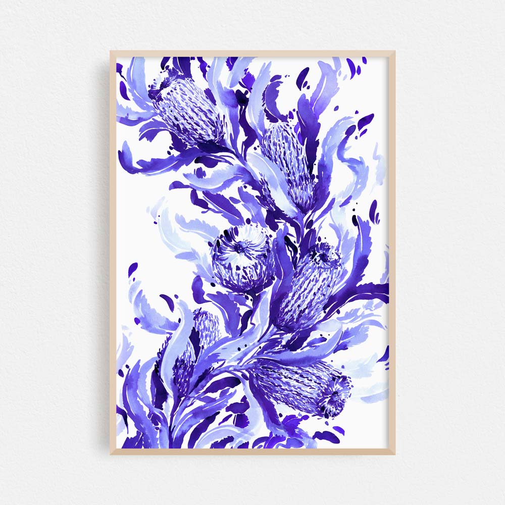 Framed &#39;Firewood Banksia in Blue&#39; Limited Edition Watercolour Art Print by Natalie Martin