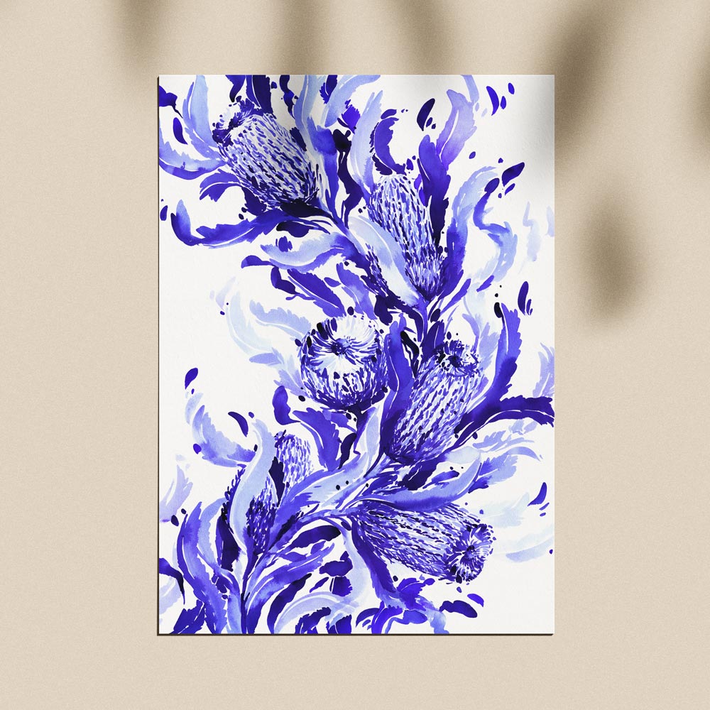 Unframed &#39;Firewood Banksia in Blue&#39; Limited Edition Watercolour Art Print by Natalie Martin