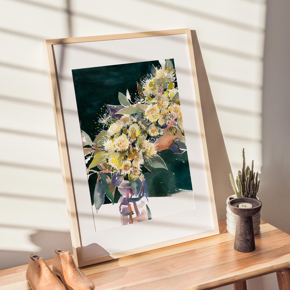Framed and styled 'Gum Blossom and Salsa Jar' Limited Edition Watercolour Art Print by Natalie Martin