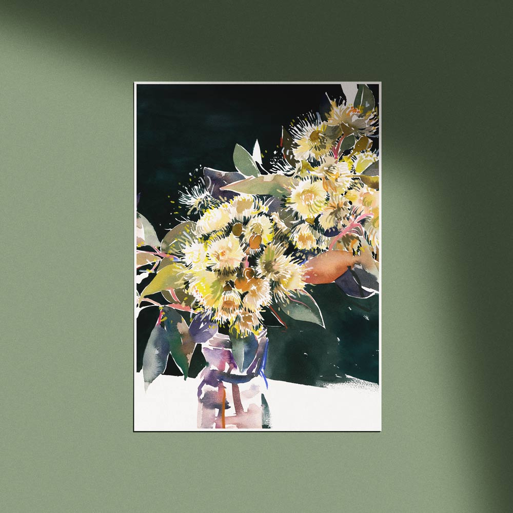 Framed and styled 'Gum Blossom and Salsa Jar' Limited Edition Watercolour Art Print by Natalie Martin
