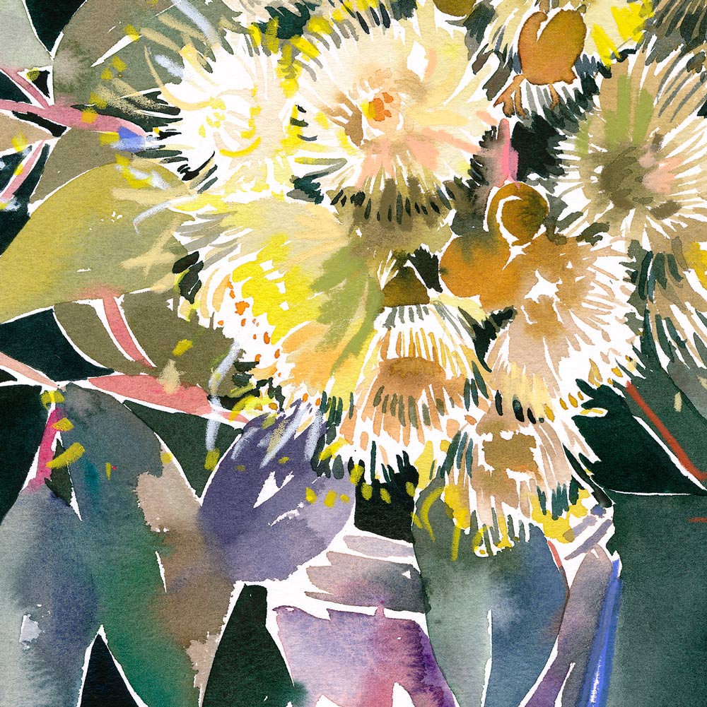 Close up view of 'Gum Blossom and Salsa Jar' Limited Edition Watercolour Art Print by Natalie Martin