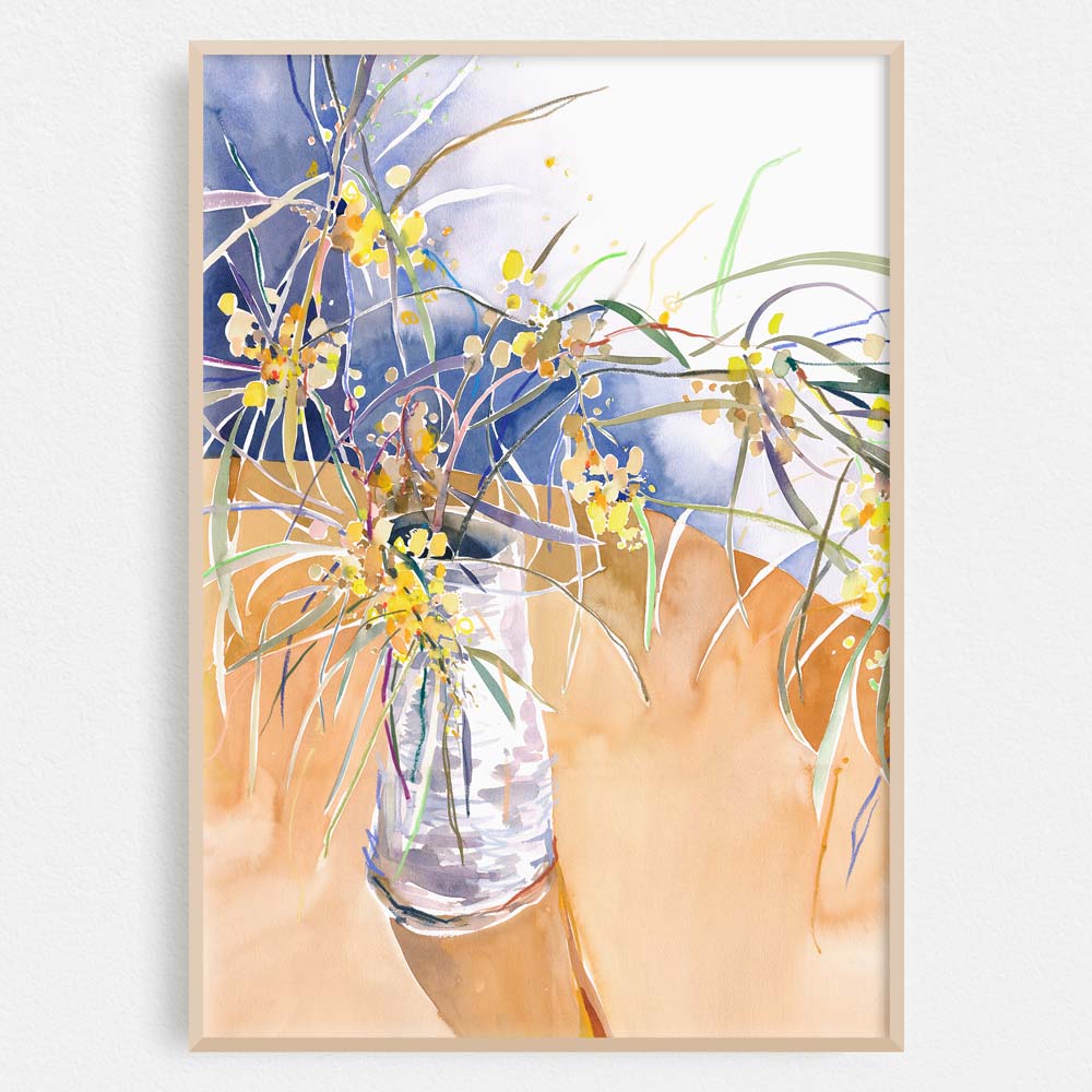 'Summer Wattle in the Wonky Vase' Framed Limited Edition Watercolour Art Print by Natalie Martin.