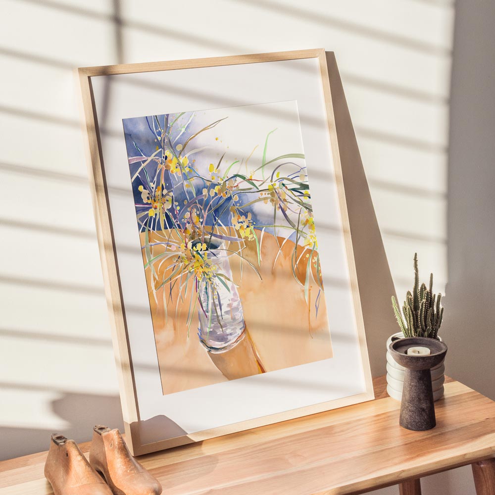 'Summer Wattle in the Wonky Vase' Limited Edition Watercolour Art Print by Natalie Martin. Framed and styled.