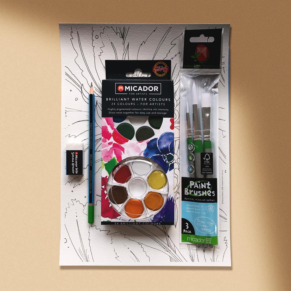 Natalie Martin watercolour painting kit includes; Micador Koh-I-Noor Brilliant Watercolours - 24 Colours, Canson Montval 300gsm Watercolour Paper, 12 Sheet A4 Pad Roymac Achiever, Series Pack of 3 Brushes, 2 floral templates printed on watercolour paper, Grey Lead Pencil, Eraser